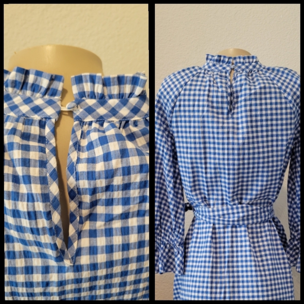 Blue Gingham Ruffle Sleeve Midi Dress M - Picture 4 of 9